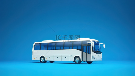 蓝色背景下白色大型城际旅行巴士的 3D 渲染