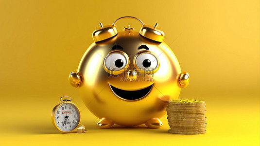 黄色卡通闹钟背景图片_辐射忠诚奖励硬币，在 3D 渲染的充满活力的黄色背景上有拟人化的人物吉祥物和闹钟