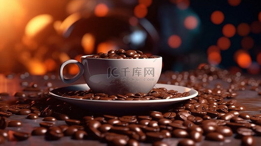 热气腾腾的咖啡和 3D 渲染的逼真咖啡豆背景，特写大量豆子
