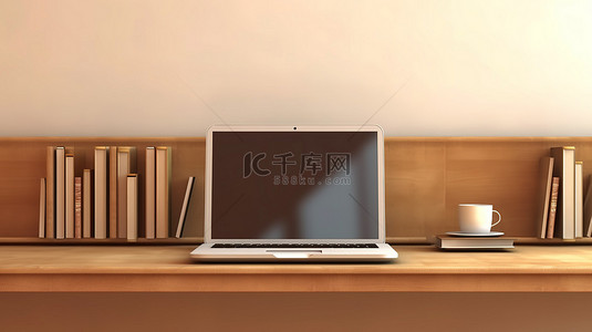 垂直背景，带有放在棕色架子上的笔记本电脑的 3D 插图