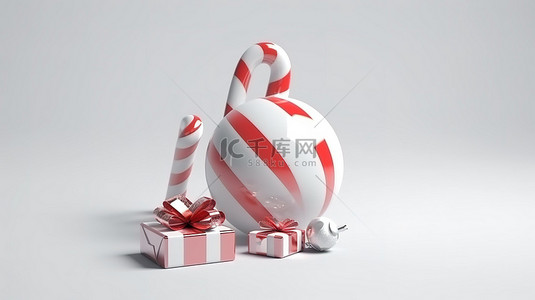 白色背景上 3D 渲染的异想天开的小玩意袜子礼盒和糖果手杖