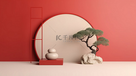 简约石讲台，日式盆景树，3D 红色圆圈背景