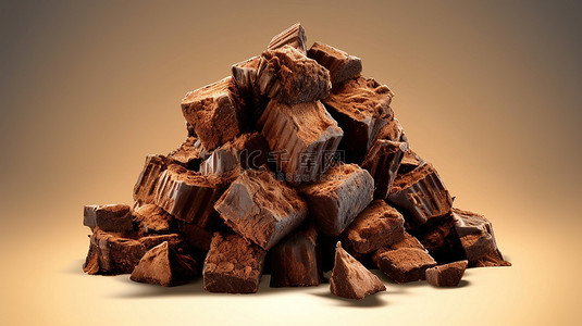 堆积成堆的巧克力块的 3D 插图