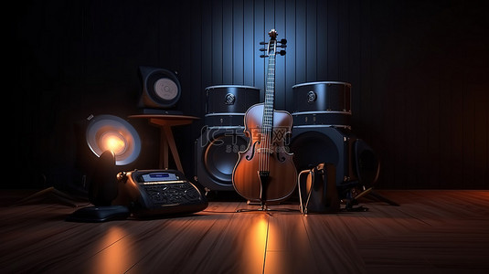 音乐专业背景图片_专业音乐设备扬声器耳机和乐器在黑暗工作室 3D 渲染