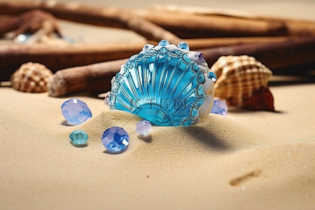 蓝色贝壳背景图片_坐在沙滩上的蓝色贝壳