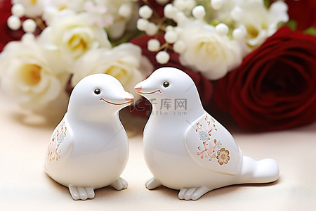 两只白鸟雕像，带着幸福的婚礼情感