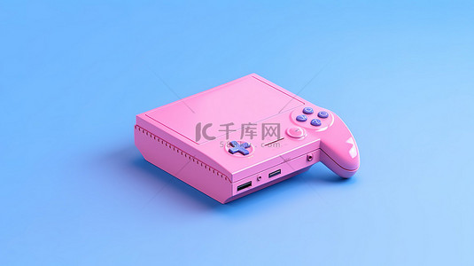 复古风格粉色手持游戏设备，蓝色背景 3D 渲染上带有空白屏幕