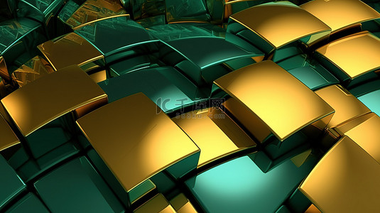 3D 插图中闪烁着金色和绿色色调的金属质感
