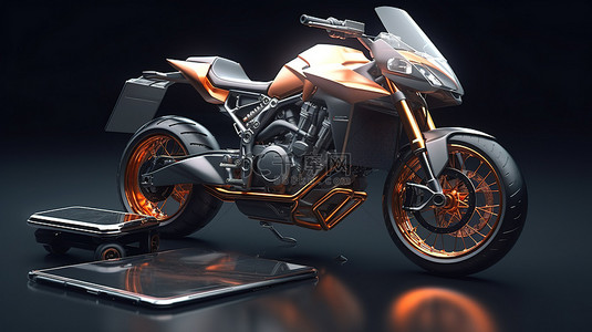 3d 渲染中的摩托车和智能手机