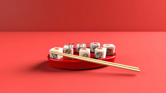 红色背景上用筷子寿司的简约 3D 渲染