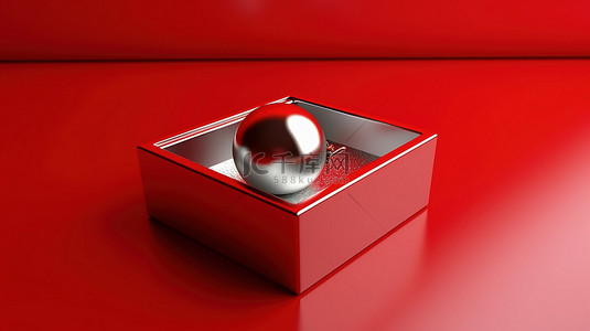 情人节金背景图片_红色背景上的银色和金色球体球的 3D 插图，带有打开的红色框