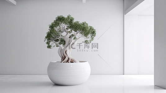 以自然为灵感的 3d 树渲染在盆栽植物中，在白色背景下有优雅弯曲的树干