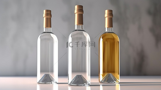 照明背景上的空白白葡萄酒瓶描绘了酿酒厂和饮料行业的本质 3d 视觉