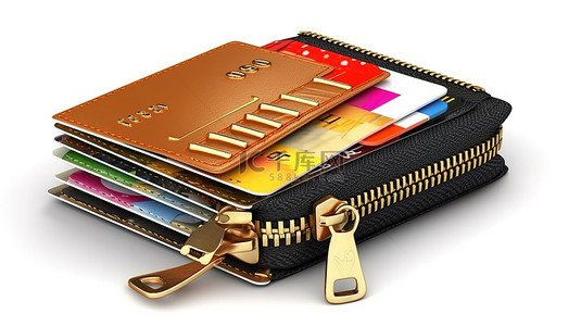信用卡背景图片_带拉链信用卡和现金的孤立白色背景的 3D 插图