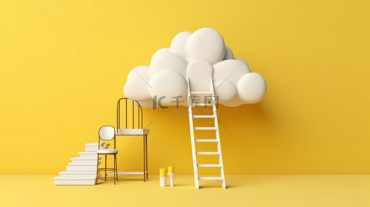 超现实的 3D 渲染白云悬浮在带有梯子和楼梯的黄色空间中