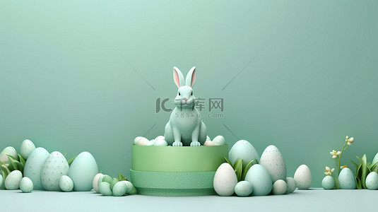 柔和的绿色复活节场景，3D 渲染中带有兔子和鸡蛋奖