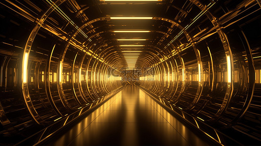 粒子光圈背景图片_金色的未来派霓虹灯隧道令人惊叹的 3D 数字渲染