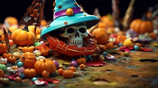怪异的庆祝女巫帽子骨头头骨和南瓜漂浮着彩色糖果和糖果 3d