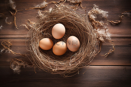 鸡蛋在木质表面的巢中
