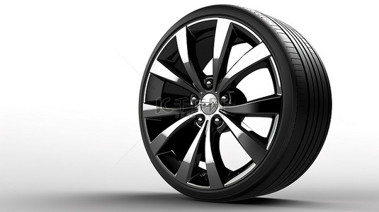 白色背景上带有合金轮毂的时尚黑色汽车的独立 3D 渲染