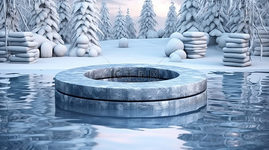 轮胎背景图片_冬季仙境大理石讲台 3D 背景淹没在寒冷的水中和雪中，轮胎漂浮