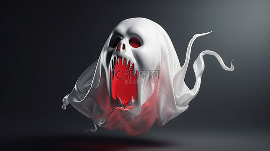 怪异的万圣节装饰 3D 渲染一个白色幽灵，红角和獠牙漂浮在空中