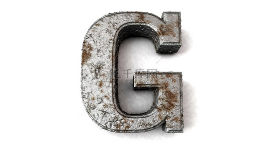 白色背景上的粗体大写 g，具有坚固的青铜色 3d 字体和纹理金属饰面