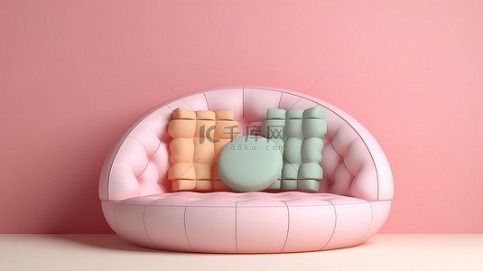 沙发的极简主义场景隔离 3D 渲染，在柔和的背景上有两个圆形垫子