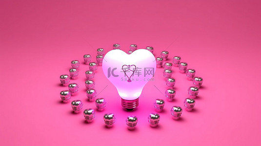 粉红色背景的 3D 渲染，灯泡周围有心形图标