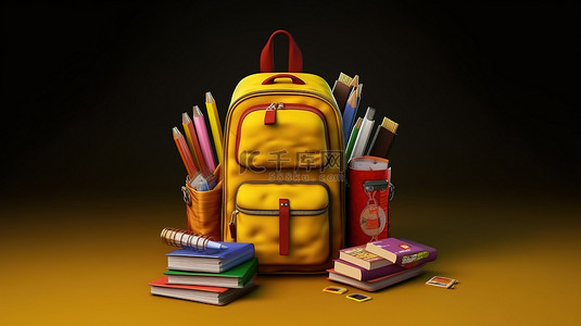回到学校学生背包和带学习用品的书籍的 3D 插图