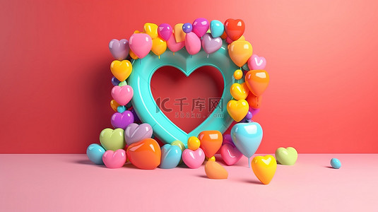 爱的框背景图片_3d 渲染中带有糖果气球背景的彩虹心框