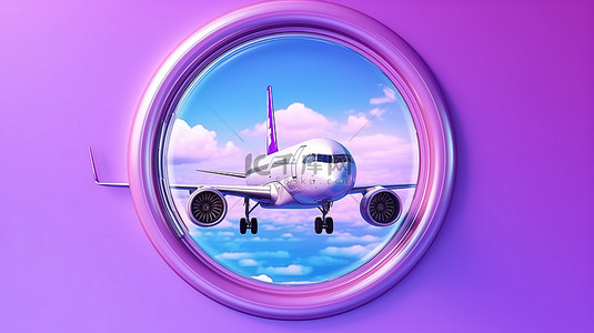 在紫色背景下的飞机窗户风格 3D 渲染中旅行