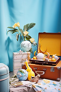 桌子旁边一个球背景图片_一个手提箱，里面有各种各样的东西，旁边坐着一张蓝色的桌子和一个