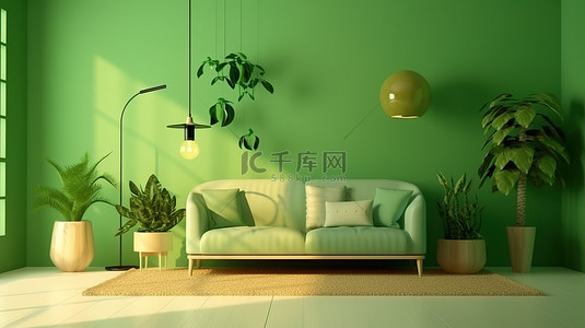 绿色客厅的 3D 渲染，配有沙发灯和装饰树