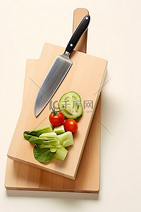 一块木板，上面有蔬菜和一把刀