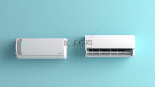 空调的 3D 渲染与蓝色和白色夏季模型背景的控制