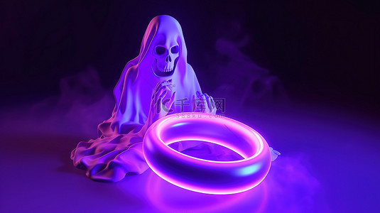 霓虹灯环装饰着 3D 幽灵，在紫色色调的背景下