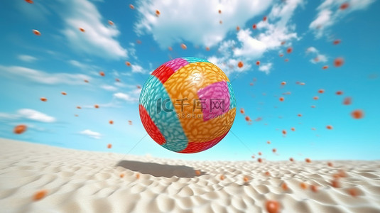 沙滩球在多云的天空中翱翔的 3D 渲染唤起节日幸福的感觉