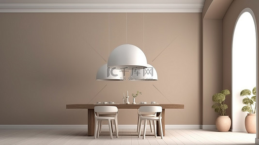 样机餐厅中白色悬挂灯凳和餐桌的 3D 渲染