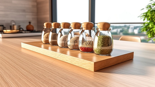 调味瓶背景图片_时尚的木质台面，配有 3D 现代厨房蒙太奇调味瓶