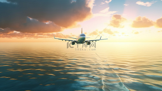 夏日旅游背景背景图片_飞机在海洋上空翱翔的 3D 渲染
