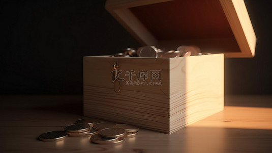 带有捐赠储蓄和钱罐背景概念的盒子中的 3d 渲染插图钱币