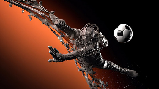 3d 渲染守门员跳跃拦截飞入网的足球
