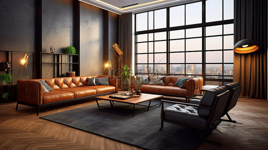 别致优雅背景图片_时尚优雅的单间公寓配有别致的真皮沙发和 3D 渲染的桃花心木矮桌
