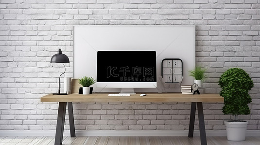 现代简约台灯背景图片_木桌和白砖墙的简约工作区 3D 渲染，带有空白电脑屏幕