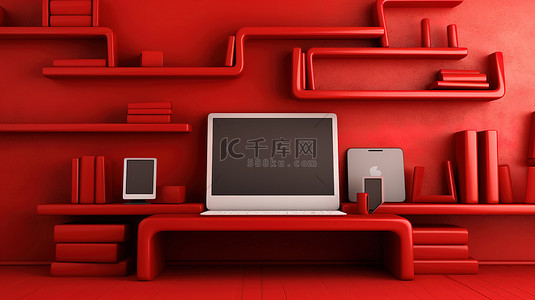 红墙架与设备笔记本电脑手机平板电脑和计算机的 3D 插图