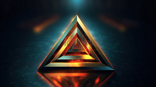 不可能的几何图形，3D 插图中充满活力的三角形闪烁着金色的光芒