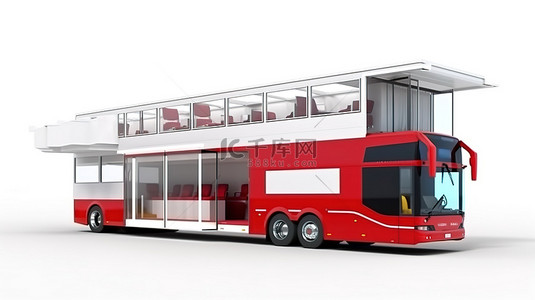 白色教练旅游巴士内开放红色集装箱内白色背景 3D 渲染