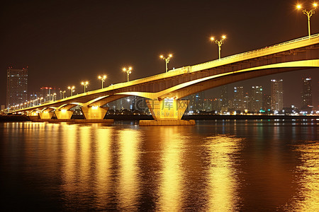 水桥城市背景图片_夜间水面上的一座桥，背景是天际线