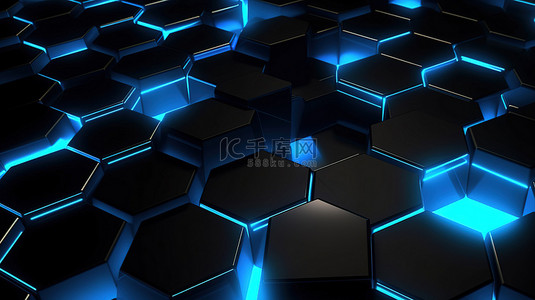 蓝色发光的深色金属六边形的 3d 渲染